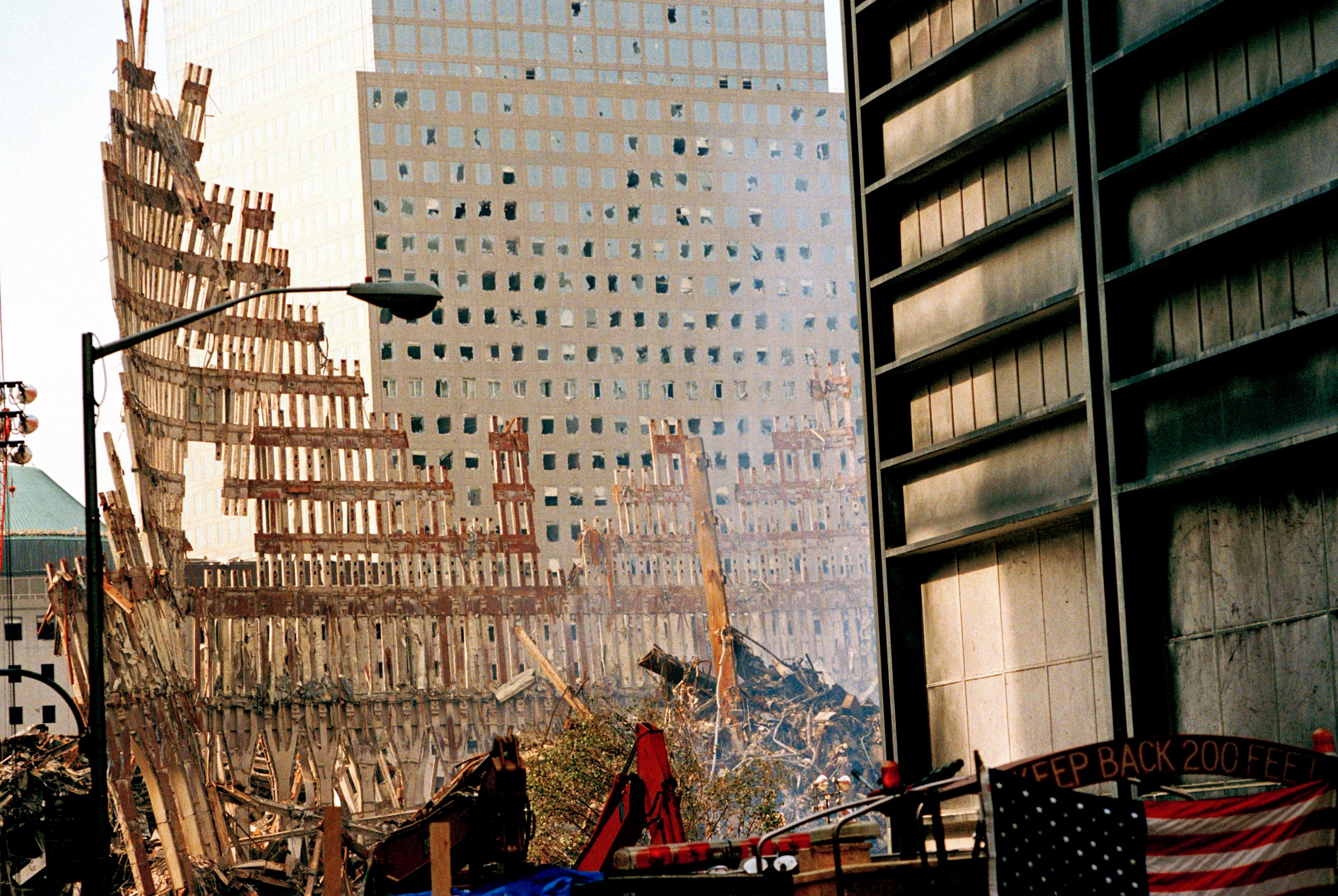 Steel Skeleton of World Trade Center Tower South (one) in Ground Zero days after September 11, 2001 terrorist attack which collapsed the 110 story twin towers in New York City, NY, USA