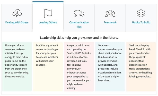 Bite-sized content for Engage includes sections personalized by personality on dealing with stress, leading others, communication tips, teamwork, and habits to build.