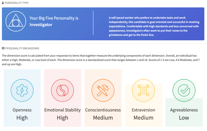 Big Five Candidate Report example