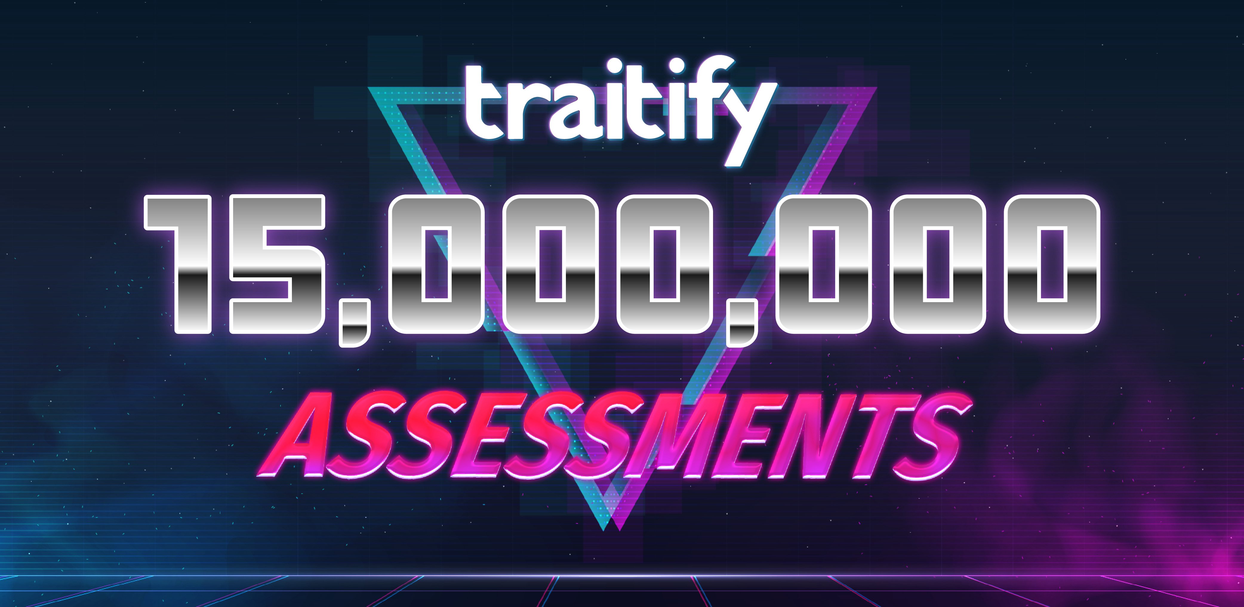 15,000,000 Traitify Assessments completed! Shown in a 80's style graphic, with sleek, shiny, colorful text