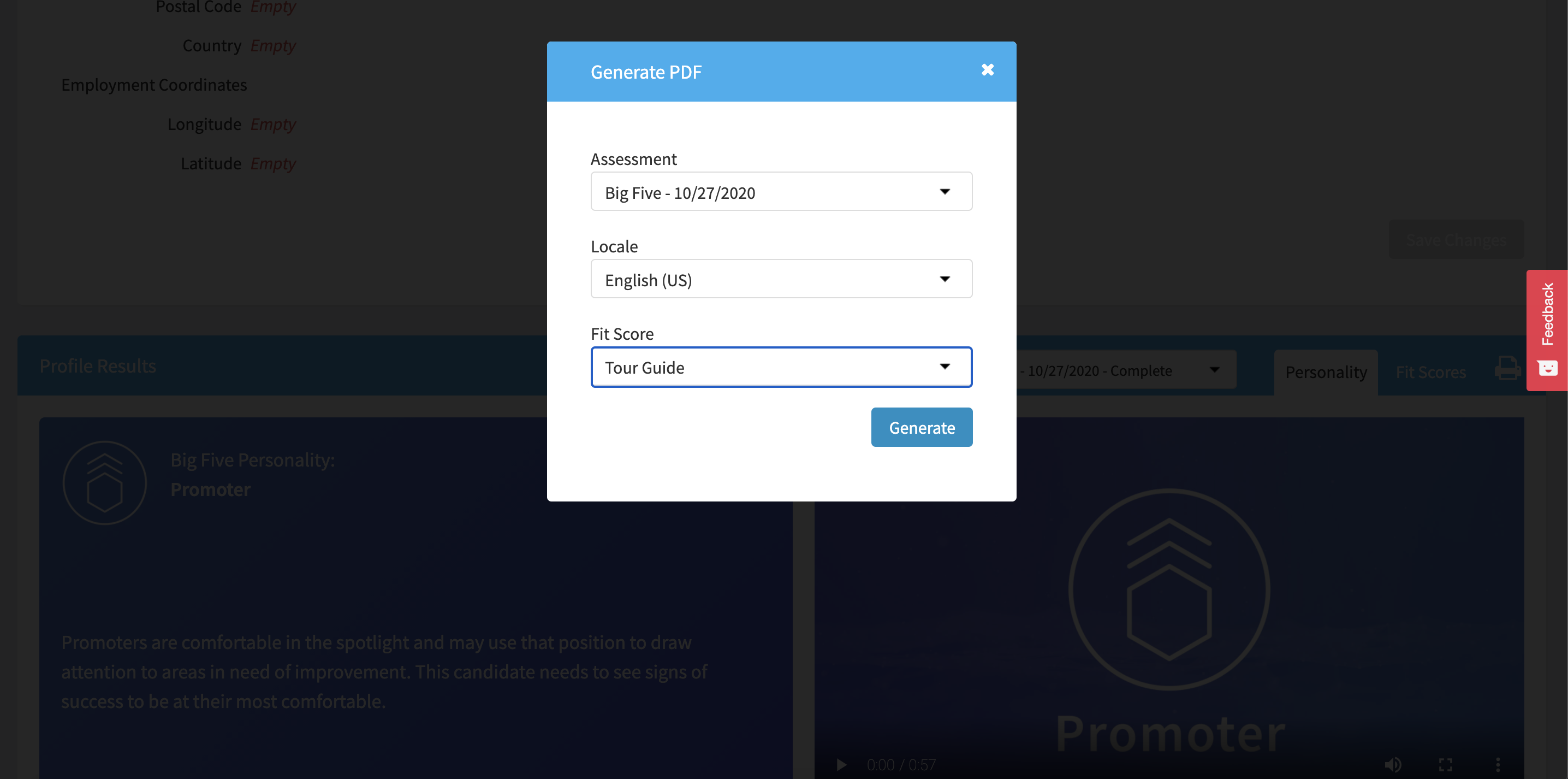 pdf export functionality with assessment, locale, and fit score options